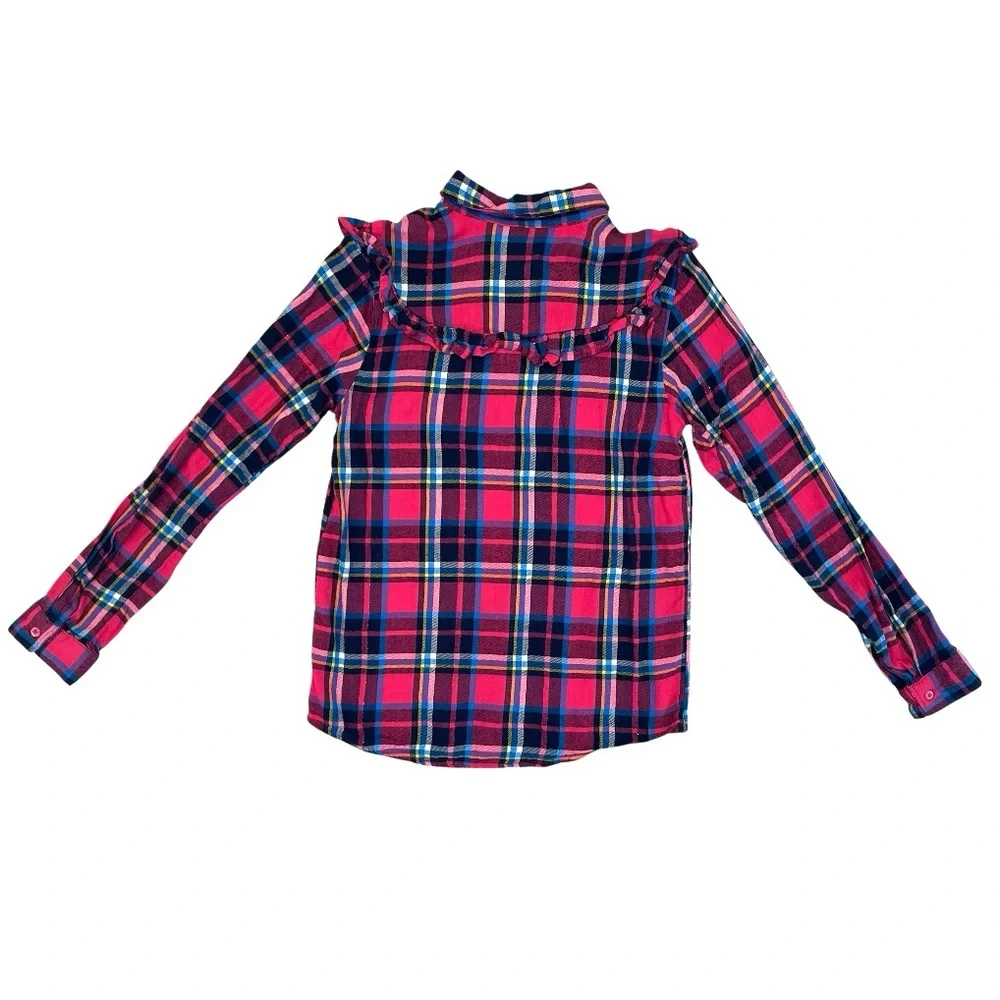 Wonder Nation Girls L 10-12 Ruffle Flannel Button Up Long Sleeve Fuchsia Burst
